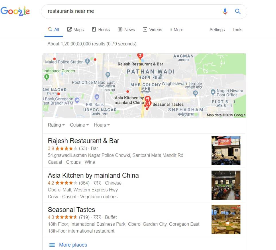 Local Snack Pack usually appears for queries related to restaurants or hotels and entertainment.